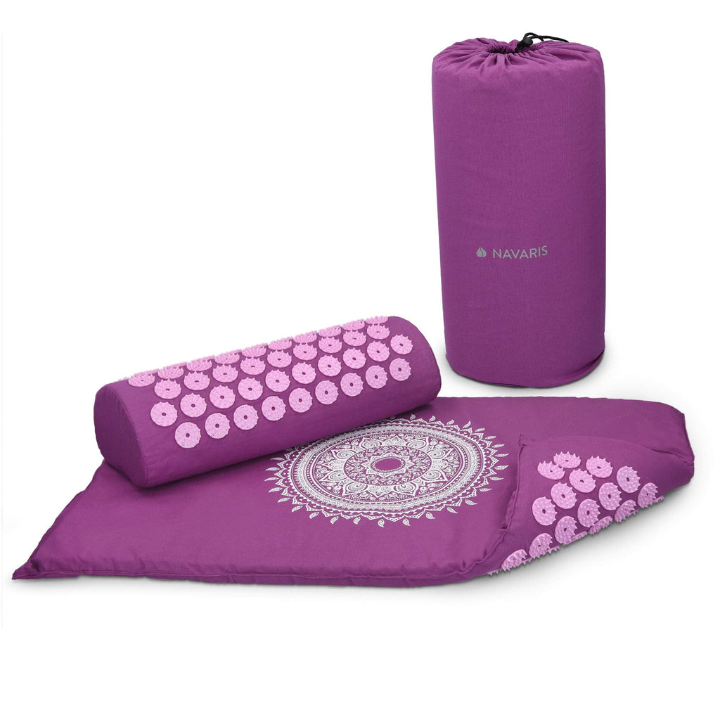 Navaris Acupressure Mat and Pillow Set - Acupuncture Mat for Back, Neck, Shoulders, Muscles, Relaxing - Includes Carry Bag - Berry, Indian Sun Design L Indian Sun - Raspberry Pink - NewNest Australia