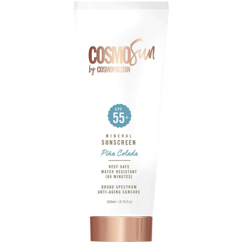 CosmoSun By Cosmopolitan Mineral Sunscreen SPF 55+ Pina Colada™ With Reef Safe, Water Resistant (80 Minutes), Broad Spectrum, Anti Ageing Sun Care, 200ml. - NewNest Australia