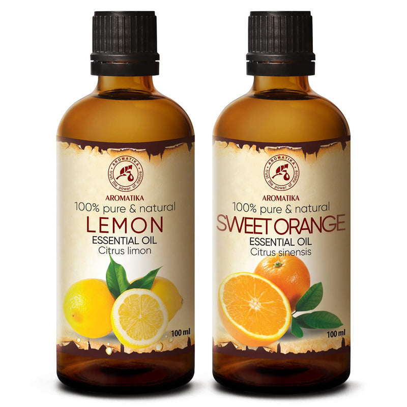 Essential Oils Set - Lemon Oil 100ml & Orange Oil 100ml - 100% Pure & Natural - Best for Aromatherapy & Spa - Perfect for Diffusers, Burners & Humidifiers - Body Care - for Good Sleep & Good Mood - NewNest Australia