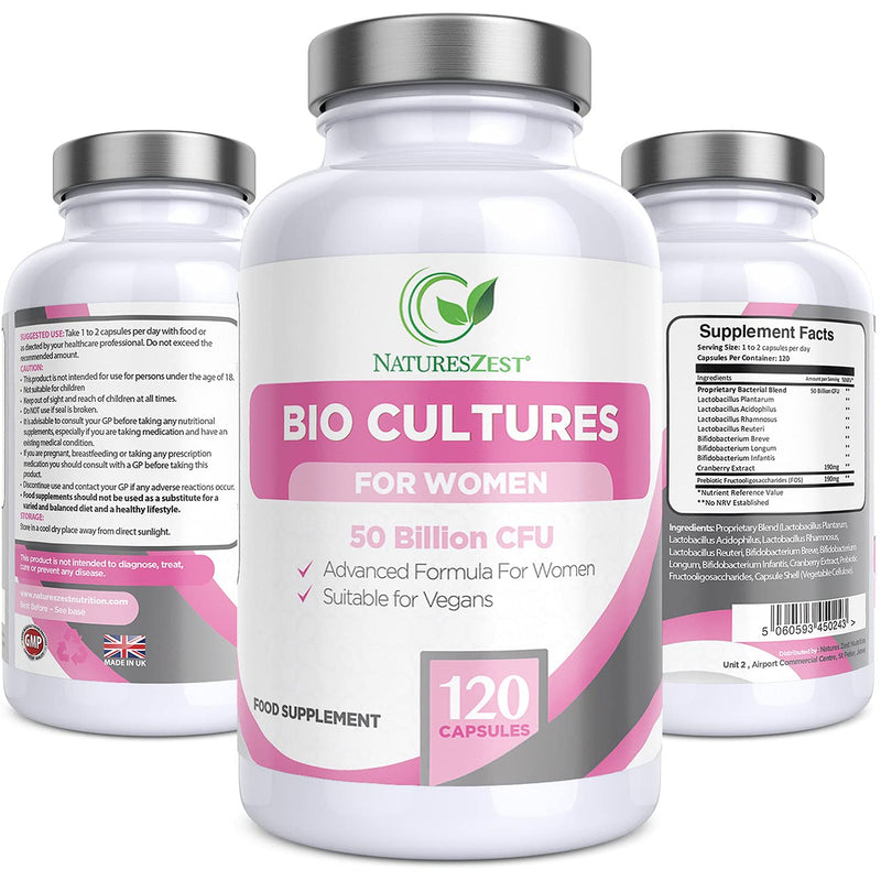 Natures Zest - Probiotics for Women - 50 Billion CFU with Prebiotics and Cranberry – 120 Vegan Capsules – Women’s Probiotic Supplement with Lactobacillus Reuteri and Acidophilus Probiotic - UK Made - NewNest Australia