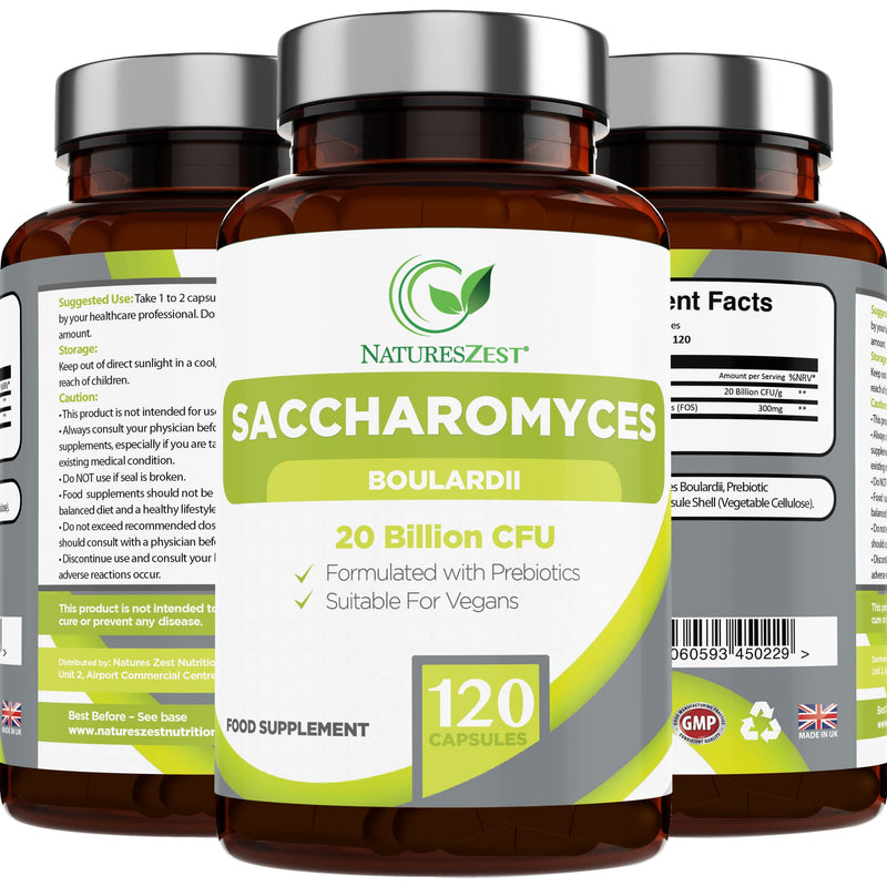 Natures Zest High Strength Saccharomyces Boulardii 20 Billion CFU with Prebiotics 120 Capsules Friendly Bacteria Probiotic Yeast Supplement, Vegan & Gluten Free, up to 4 Month’s Supply - NewNest Australia