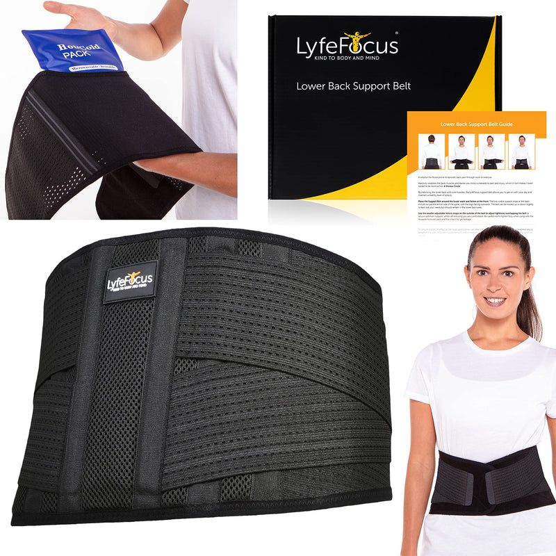 LyfeFocus Premium Adjustable Lower Back Support Belt for Men & Women - Breathable Lumbar Support Brace Supplied with Reusable Hot Cold Pack for Pain & Muscle Tension Relief (Check Size Table: Medium) M (Pack of 1) - NewNest Australia