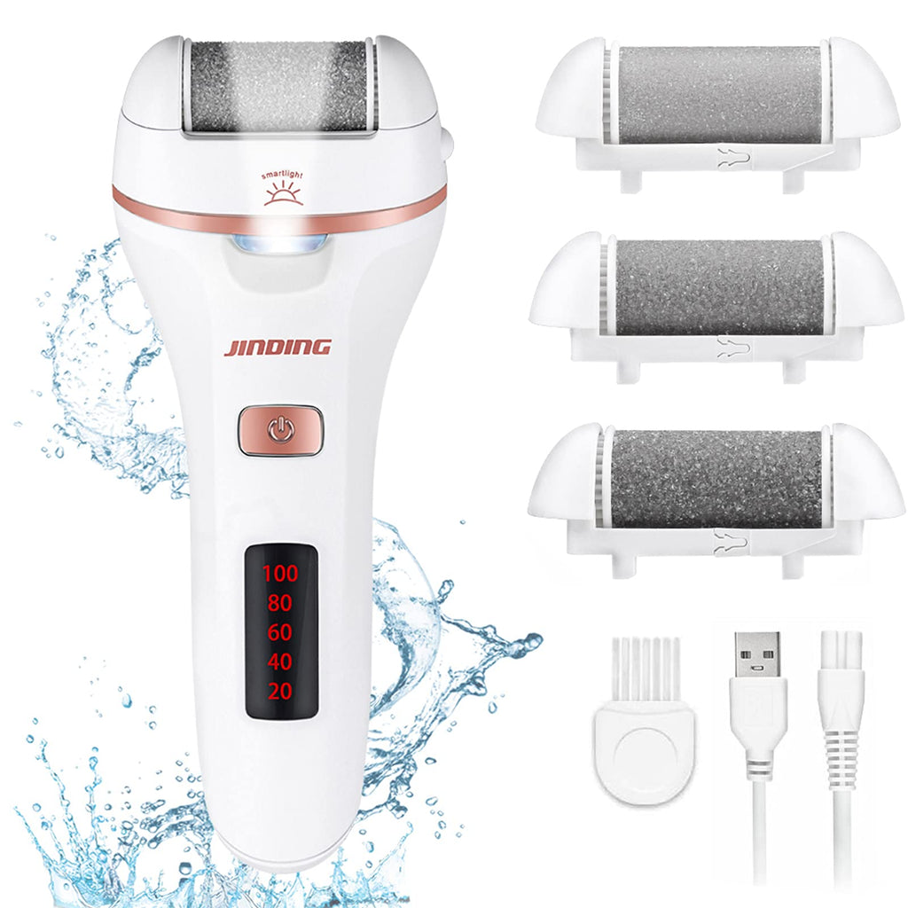 Electric Foot File Hard Skin Remover - Rechargeable Callus Remover Care with LED Waterproof Pedicure Tools kit for Cracked Heels Dead Dry Skin Foot Care with 3 Coarse Roller Heads 2 speeds-White - NewNest Australia