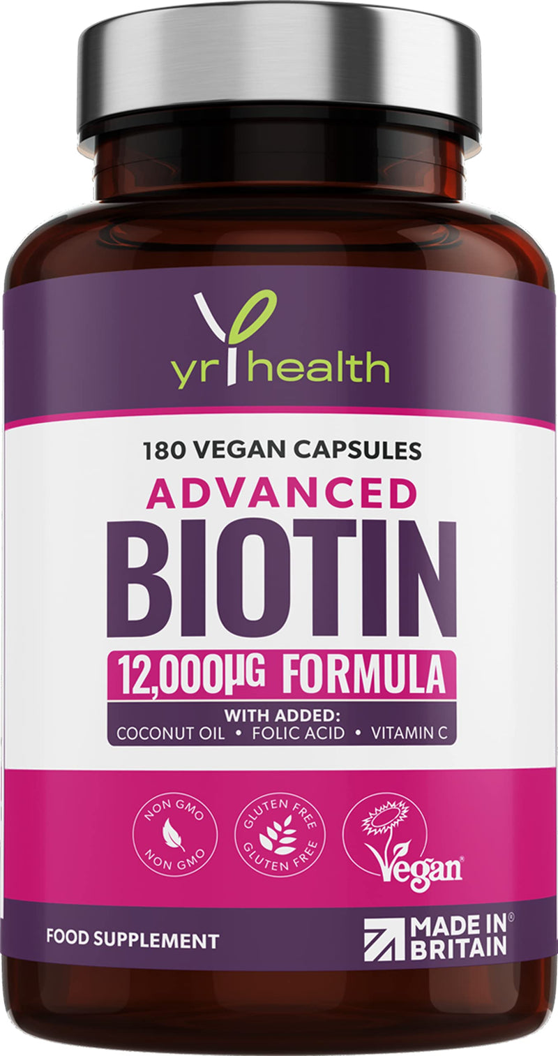 Biotin Hair Growth Supplement 12,000mcg with Coconut Oil, Vitamin C & Folic Acid - 180 Vegan Capsules Hair Vitamin b7 Biotin Nails Hair and Skin for Men and Women - Made in UK by YrHealth - NewNest Australia