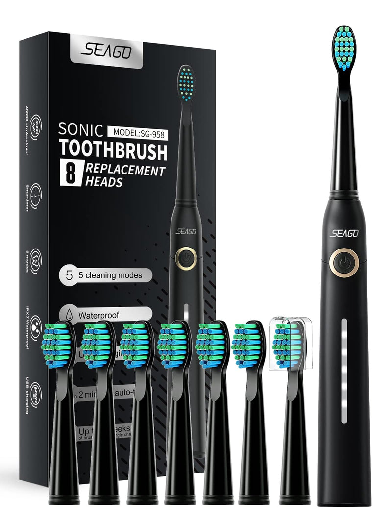 Sonic Electric Toothbrush, Rechargeable Power Toothbrush with 8 Duponts Brush Heads, Sonic Toothbrushes 40000Vpm with 2 Minute Smart Timer, 5 Modes with Teeth Whitening, Gift for Family, Black - NewNest Australia