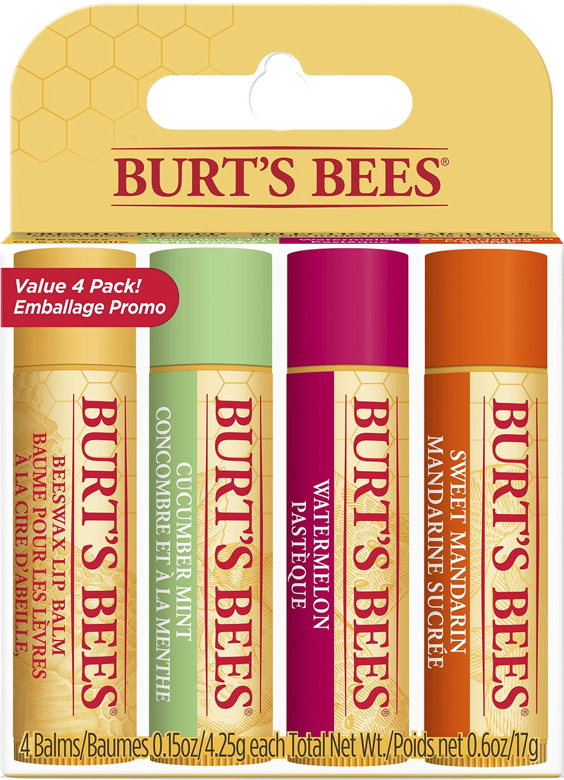 Burt's Bees 100% Natural Moisturising Lip Balm 4 Pack, Freshly Picked - Beeswax, Cucumber Mint, Watermelon & Sweet Mandarin - 4 Tubes - NewNest Australia