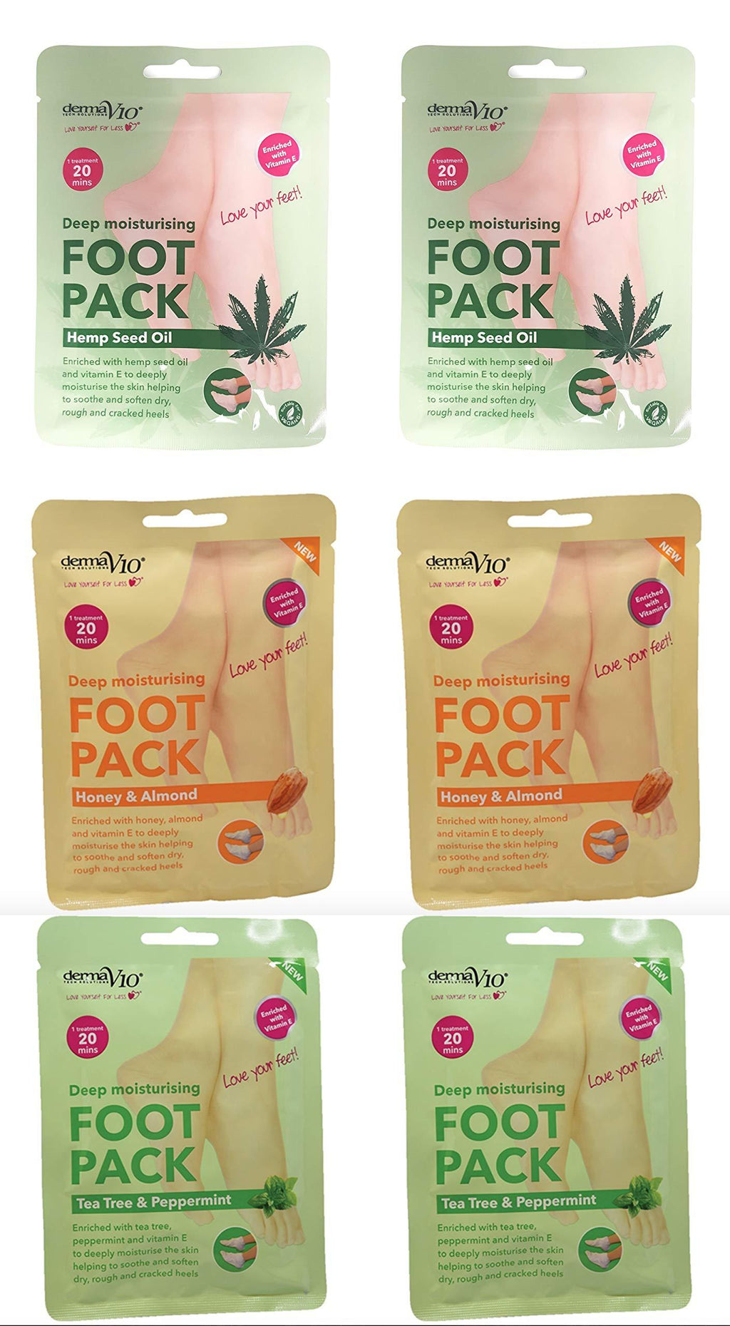 Derma V10 Foot Pack Mask (6 Pack) Deep Moisturising (Hemp Seed Oil, Honey & Almond, Tea Tree Peppermint) Hemp Seed Oil, Honey & Almond, Tea Tree Peppermint - NewNest Australia