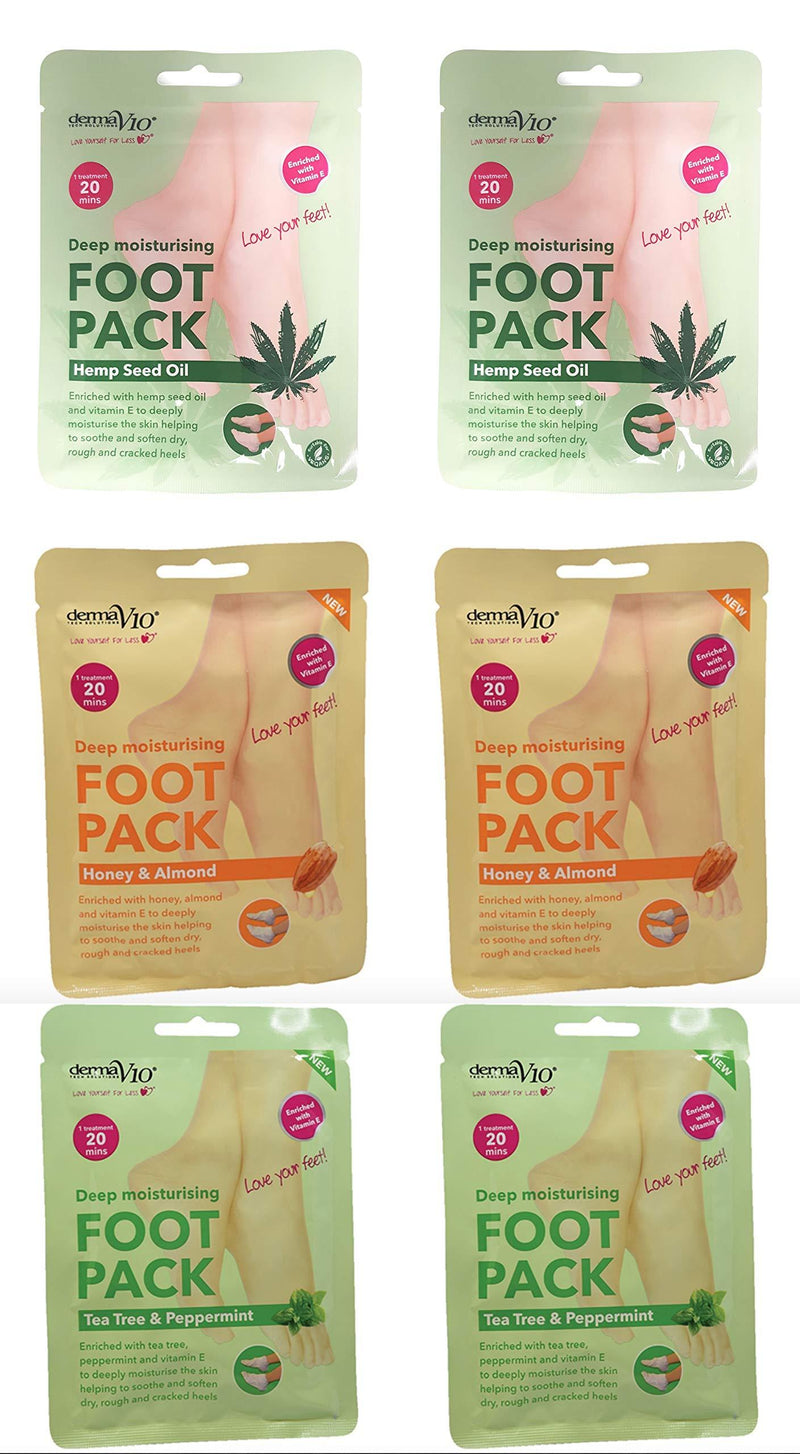 Derma V10 Foot Pack Mask (6 Pack) Deep Moisturising (Hemp Seed Oil, Honey & Almond, Tea Tree Peppermint) Hemp Seed Oil, Honey & Almond, Tea Tree Peppermint - NewNest Australia