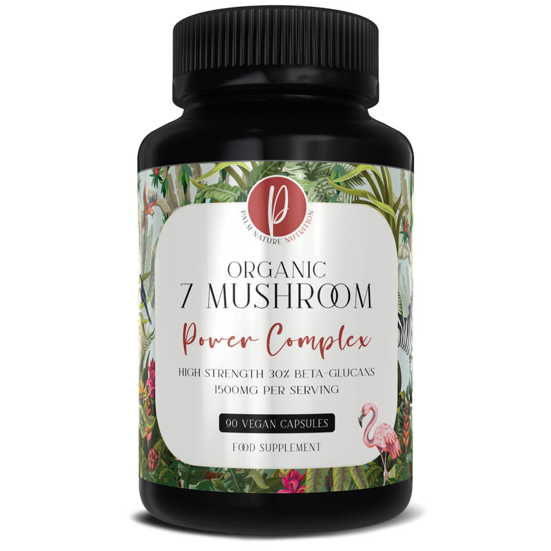 Palm Nature 7 Mushroom Complex - High Strength Extracts Not Powders - 30% Beta-Glucans - 90 Vegan Capsules - 1500mg Per Serving - Lions Mane, Chaga, Reishi, Shiitake, Maitake, Tremella, Cordyceps - NewNest Australia
