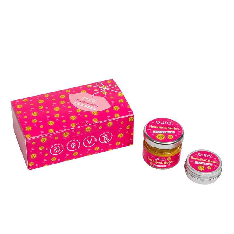 Pura Cosmetics Passionfruit Martini Lip Scrub and Balm Gift Set - Vegan, Natural Ingredients, Cruelty-Free, Plastic-Free Packaging & Handmade in the UK - NewNest Australia