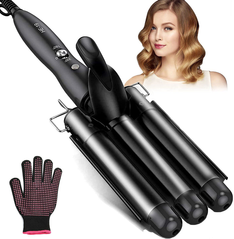 Hair Curler, 3 Barrels Hair Waver Upgrade Version Ceramic with 2 Gear Temperature Control, 25mm Curling Tongs for Long Hair, Styling Tool for Woman Crimp Hair with Plus Heat Resistant Glove Black - NewNest Australia