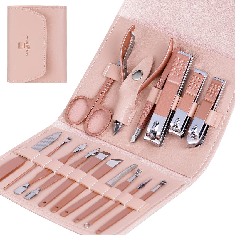 Manicure Set Glamour Gaze Manicure Pedicure Kit Nail Clippers 16 in 1 Professional Stainless Steel Cuticle trimmer Grooming Kit for Men Women with Storage Travel Case Pink - NewNest Australia