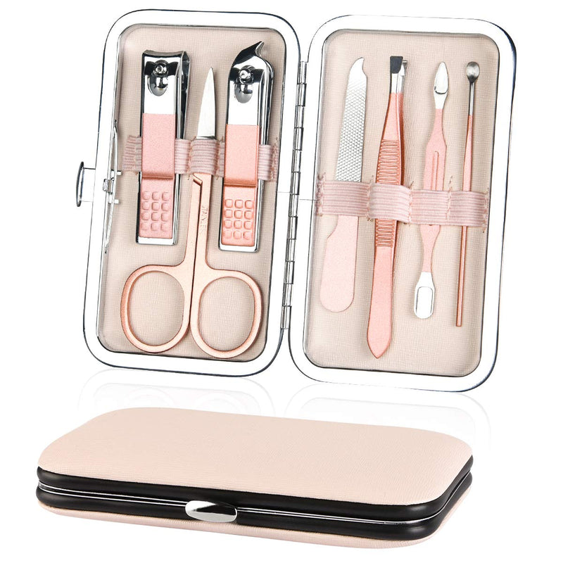 URAQT Professional Manicure Set, 7 pcs Portable Nail Clippers & Eyebrow Grooming Kit, Stainless Steel Nail Care Tools with Luxurious Leather Case for Travel & Home A-pink-7pcs/Set - NewNest Australia