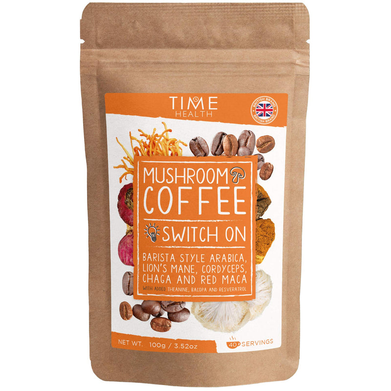 Mushroom Coffee Blend (Instant) - 100g - 40 Servings - Arabica Coffee, Lion's Mane, Cordyceps, Chaga, Red Maca, Theanine, Bacopa & Resveratrol - Natural Energy & Focus - Vegan - UK Made 100 g (Pack of 1) - NewNest Australia