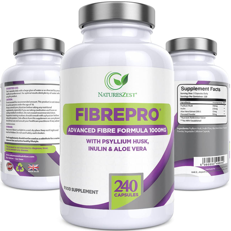 Fibre Pro 1000mg - Fibre Supplement - Psyllium Husk Capsules - Prebiotic Fibre with Psyllium Husk, Inulin, Aloe Vera & Flaxseed – Psyllium Husk Fibre - UK Made - 4 Month Supply - by Natures Zest - NewNest Australia