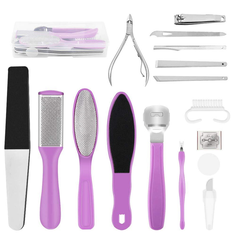 16 in 1 Professional Foot File Pedicure Kit, hicoosee Nail Toenail Clipper Dead Foot Skin Remover for Foot and Hand Purple - NewNest Australia