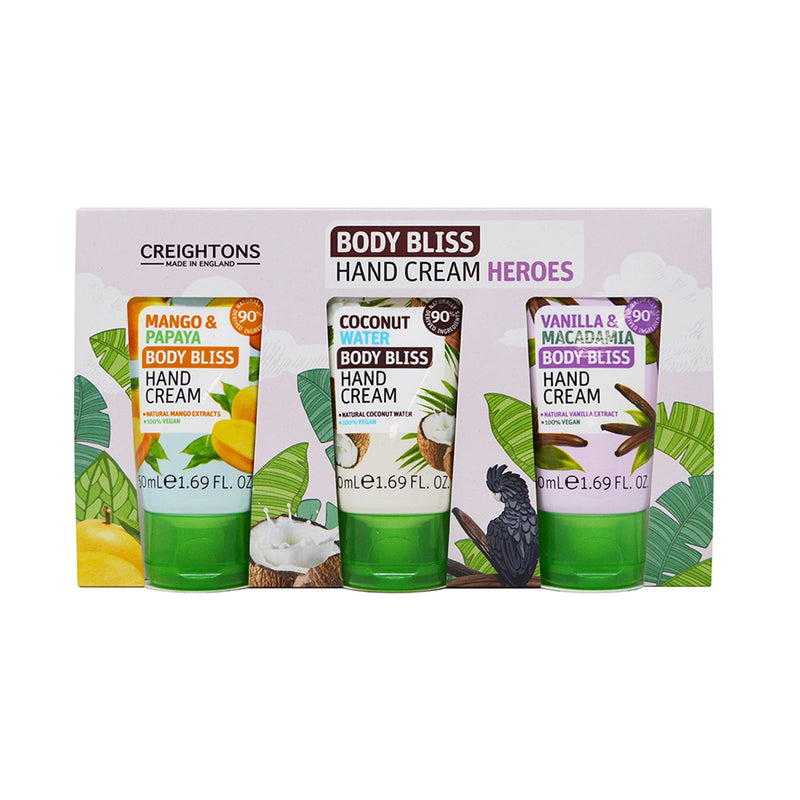 Body Bliss Cream Heroes (3 x 50ml Hand Cream) - Nourishes Hands & Cuticles. Formulated with 90% Naturally Derived Ingredients. Coconut Water, Mango & Papaya & Vanilla & Macadamia. - NewNest Australia