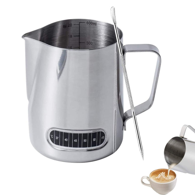 Milk Jug with Thermometer,600Ml Stainless Steel Milk Frothing Pitcher and Latte Art Pen for Coffee for Making Latte Coffee Cappuccino - NewNest Australia