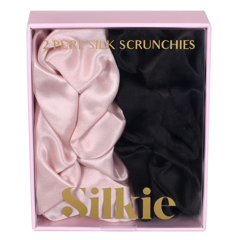 SILKIE x2 Set 100% Pure Mulberry Silk Pink Black Large Oversized Scrunchies Silk Travel Pouch Hair Ties Elastics Hair Care Premium Ponytail Holder No Damage Classic - NewNest Australia