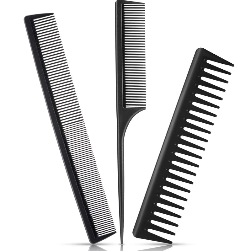 3 Pieces Black Comb Set Carbon Fiber Cutting Comb Set, Fine and Wide Tooth Comb, Anti-Static Rat Tail Comb Pintail Comb, Large Hair Wide Tooth Detangling Comb for Most Hair Types - NewNest Australia