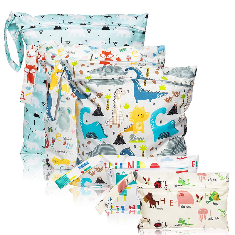WATINC 5pcs Baby Cloth Nappy Wet Bags Reusable Cloth Diaper Bags Washable Travel Dry Wet Bag with Bear Dinosaur Animal Cartoon Patterns Waterproof Wet Suit Bags for Beach Pool Daycare Gym (3 Sizes) - NewNest Australia
