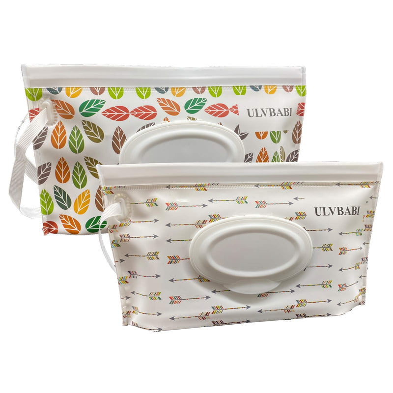 ULVBABI Portable Wet Wipe Pouch Dispenser (2 Pack), Reusable Baby Diaper Disposal Bags, Refillable Personal Travel Clutch Dispenser Holder | Keeps Wet Wipes Moist (Leaf & Arrow Pattern) - NewNest Australia