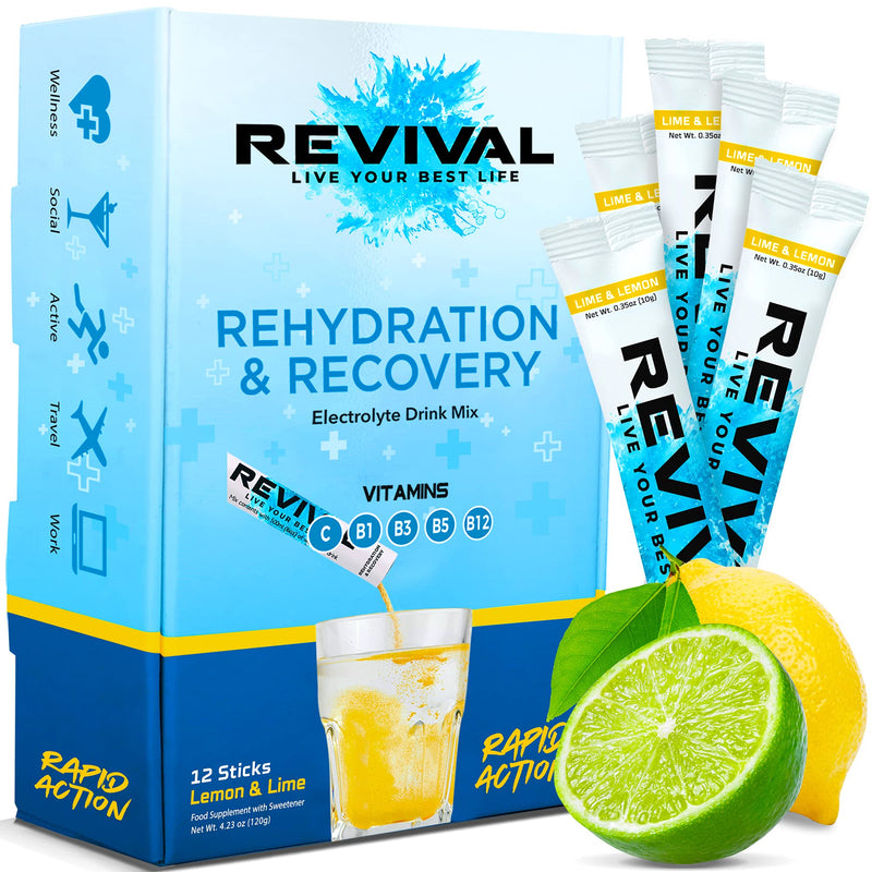Revival Rapid Rehydration Electrolytes Powder - High Strength Vitamin C, B1, B3, B5, B12 Supplement Sachet Drink, Effervescent Electrolyte Hydration Tablets - 12 Pack Lemon Lime Lemon & Lime 12 Count (Pack of 1) - NewNest Australia