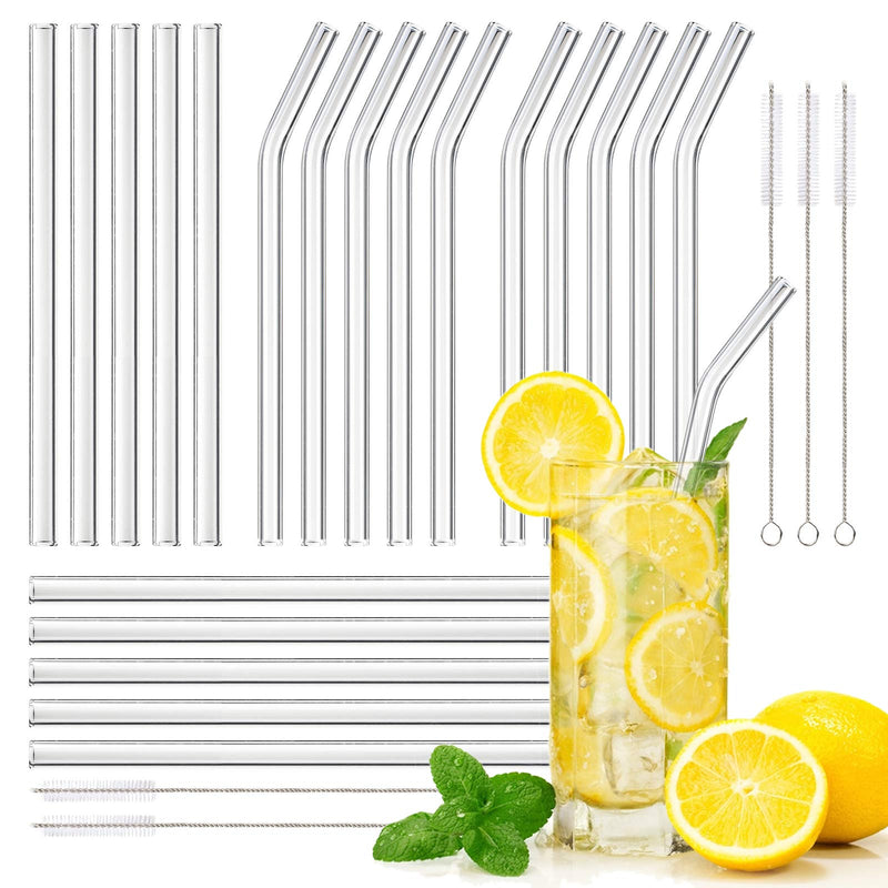 Glass Straws Reusable, 25 Pcs Transparent Drinking Straw, 10 Straight Glass Straws and 10 Curved Glass Straws with 5 Cleaning Brushes for Smoothies Milkshake and Cocktail Straws - NewNest Australia