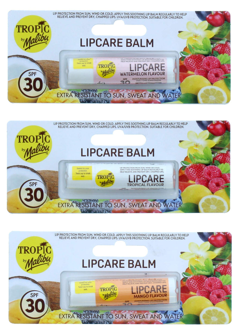 Malibu Tropic By Lip Balm Single Assorted Flavours Mango/Watermelon/Tropical SPF30, 0.021 kg - NewNest Australia