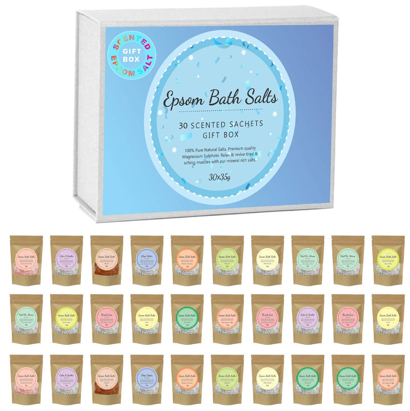 Scented Pure Epsom Salts | Magnesium Sulphate Bath Spa Salt | 30x35G Variety Gift Hamper Box Pack by PSN | Ideal for Relieving Sore Muscles | Reduces Inflammation - NewNest Australia