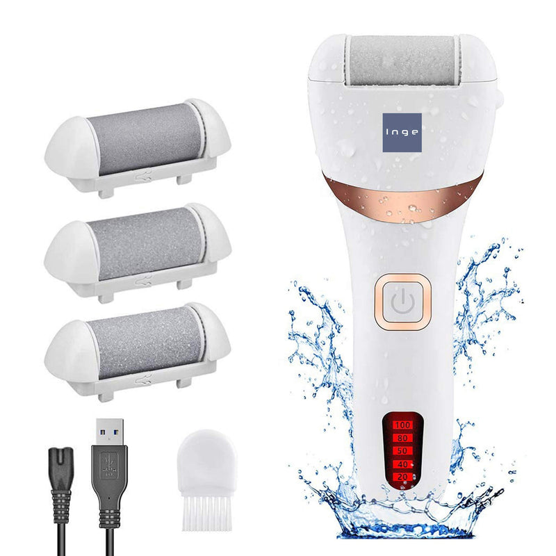 Inge Electric Foot File & Hard Skin Remover | Callus Remover for Feet & Dry Dead Skin Remover and Exfoliator with 3 Replacement Washable Rollers | Rechargeable - Waterproof - White - NewNest Australia