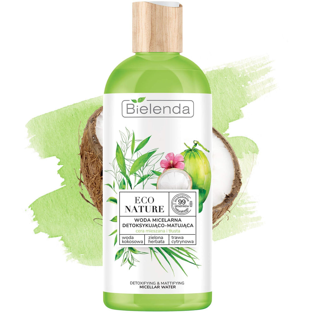 Bielenda Eco Nature - Maintains Natural Hydro Lipidic Balance Reduces Shiny Look - Eco Nature - Coconut Water + Green Tea + Lemon Grass - Micellar Water Detoxifying-Matting - 500 ml Mixed And Oily Skin - NewNest Australia