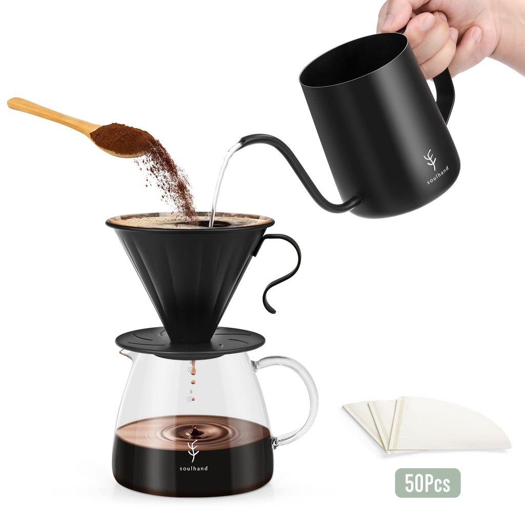 Soulhand Pour Over Coffee Brewer Set Dripper 2-3 Cups with Black Stainless Steel Filter and Manual Coffee Kettle，with 50pc Filter Paper&BPA-Free Glass Drip Sever High Heat Resistance Brewer 17oz - NewNest Australia