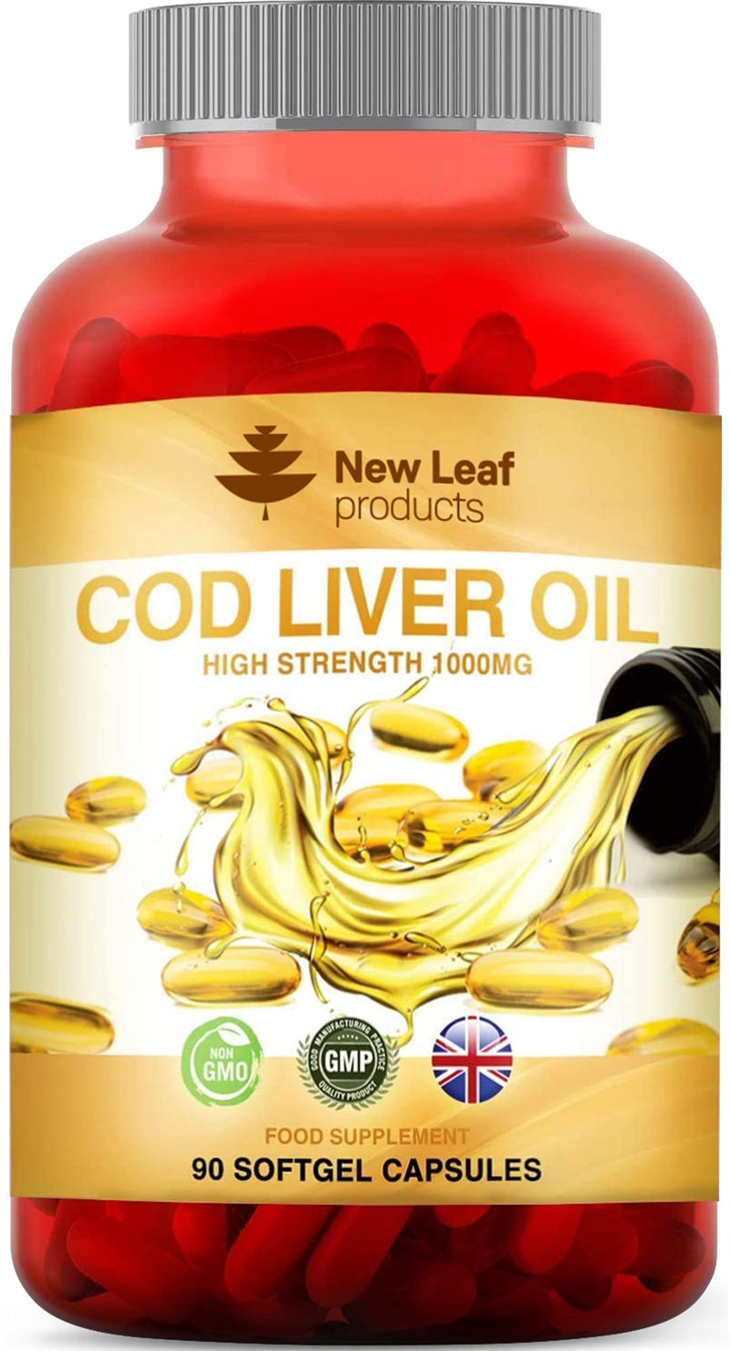 Cod Liver Oil Capsules 1000mg - Rich in Omega 3 EPA DHA Fatty Acids + Vitamins A & D - Helps Maintain Heart & Brain Health - High Strength Fish Oils Gluten-Free, GMP - UK Made, 90 Tablets - NewNest Australia