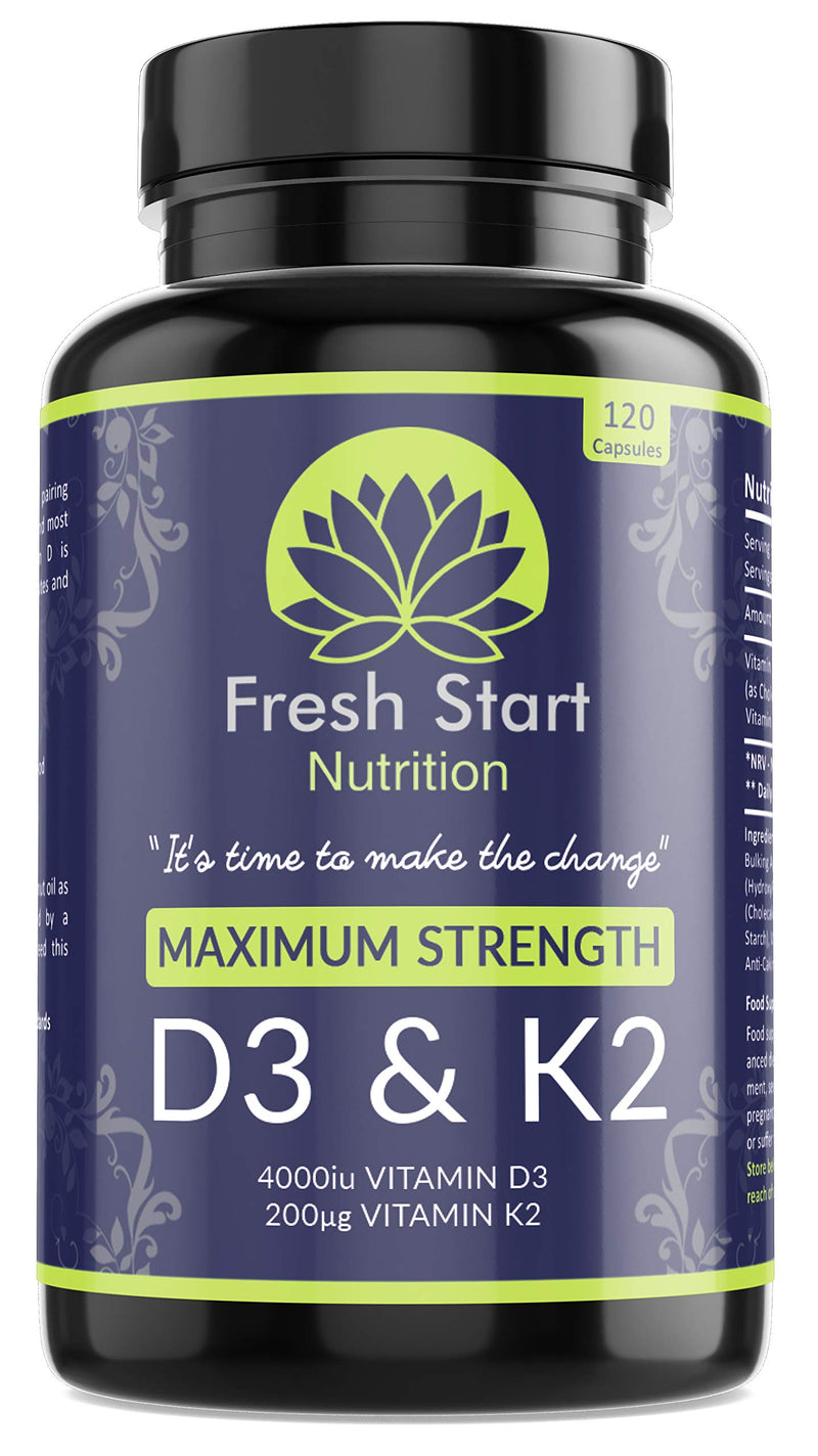 Vitamin D3 4000 IU and Vitamin K2 200μg MK7 - Vitamin D3 K2 High Strength Supplement - 120 Capsules 4 Month Supply Cholecalciferol - K2 Menaquinone-7 - Made in The UK - NewNest Australia