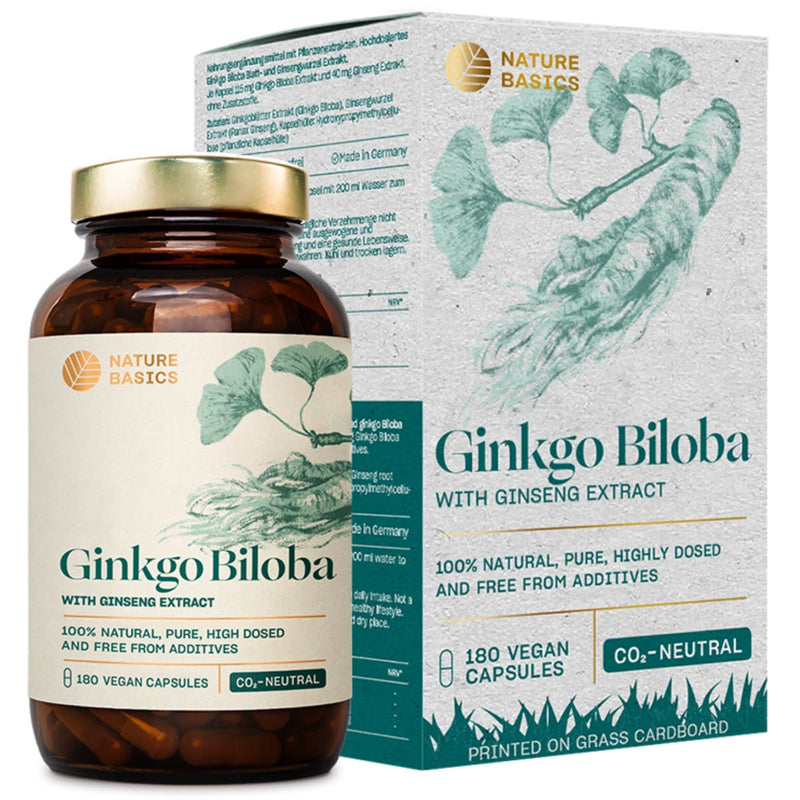 Nature Basics® Natural Ginkgo Biloba Sustainable in Amber jar | CO2 Neutral & additive Free | 180 Vegan Capsules | 115mg Ginkgo Biloba & 40mg Ginseng Extract per Daily dose - NewNest Australia