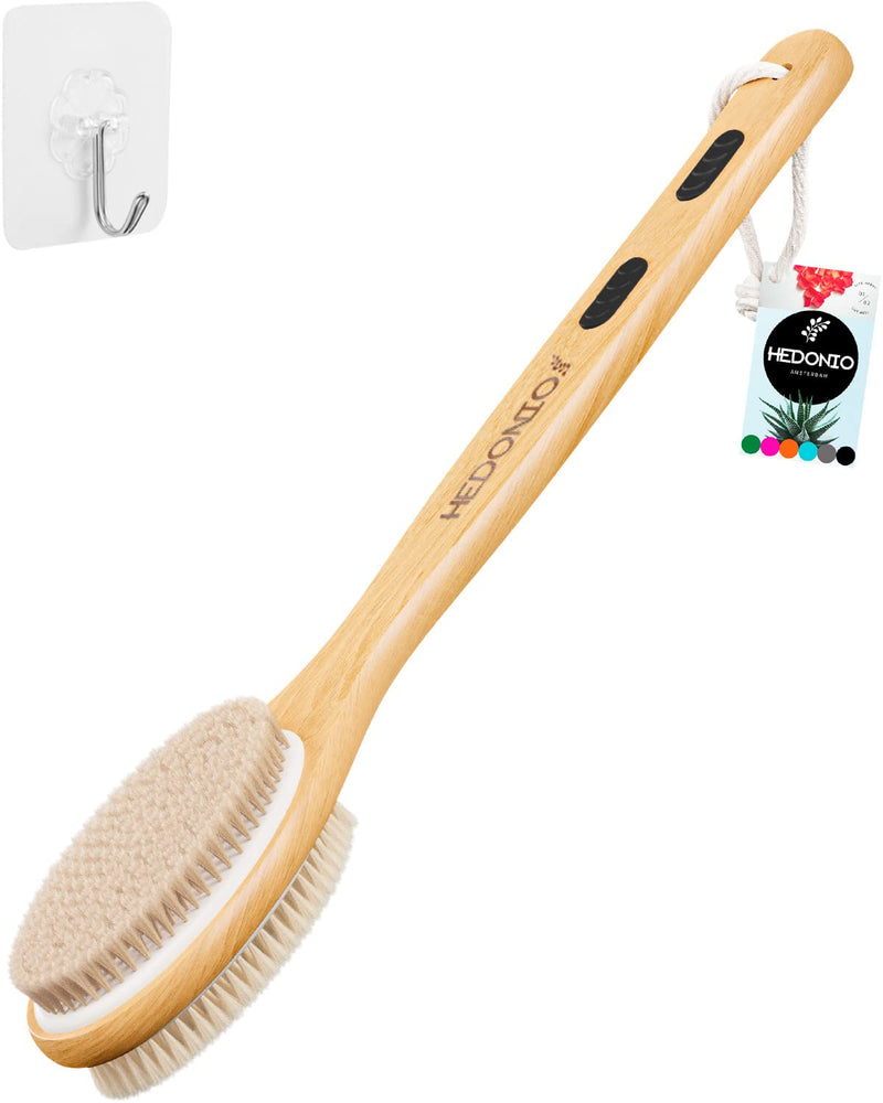 Hedonio Body Brush Long Handle, Back Scrubber for Bath and Shower Exfoliating Skin, Double-Sided, Body Scrub Brush, Dry Brush and Wet in Bath, Massage, Natural Stiff Bristle, Soft Wood Black - NewNest Australia