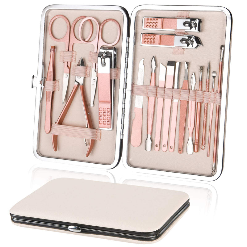 URAQT Nail Clippers, 18 pcs Manicure Pedicure Set, Nail Scissors Cuticle Remover for Men Women, Stainless Steel Nail Care Grooming Kit with Leather Case for Travel & Home A-Pink - NewNest Australia