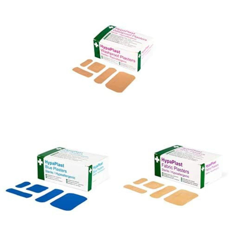 Safety First Aid Group HypaPlast Pink Washproof, Assorted (100) with Blue Visually Detectable Plasters and Fabric Plasters, Assorted (100) Bundle Washproof, Blue and Fabric Plasters - NewNest Australia