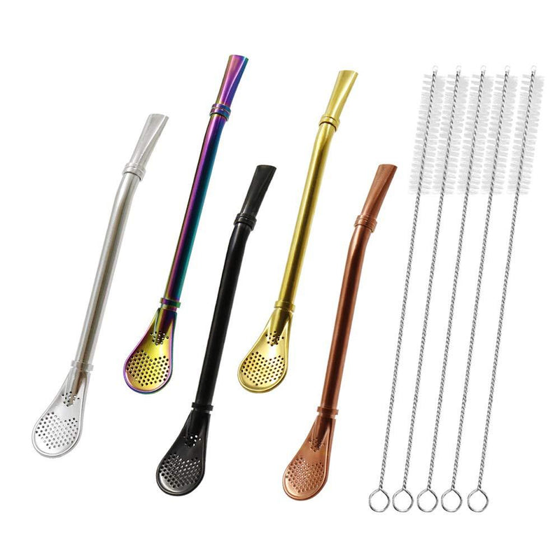 Stainless Steel Straw Filter Spoon, Yerba Mate Bombilla, Loose Leaf Tea Strainer, Tea Straw for Drinking Coffee, Cocktail, Pack of 5 with Cleaning Brush (5 Colors) 5 Colors - NewNest Australia