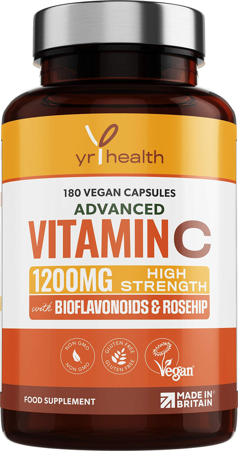 Vitamin C 1200mg Immune Support with Bioflavonoids and Rosehip | 180 Vegan Vitamin C Capsules not Tablets | Slow Release VIT C Ascorbic Acid | Made in The UK by YrHealth - NewNest Australia
