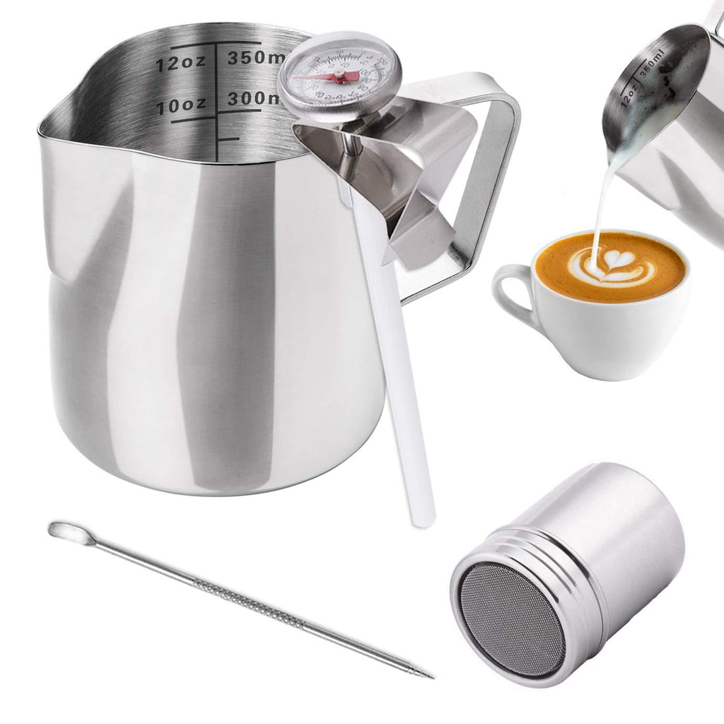 WXJ13 Milk Jug 350ml/12OZ, Stainless Steel Milk Frothing Pitcher, Milk Thermometer with Clip, Powder Shaker with Lid and Latte Art Pen for Hot Chocolate Cappuccino Coffee Latte Art Maker - NewNest Australia