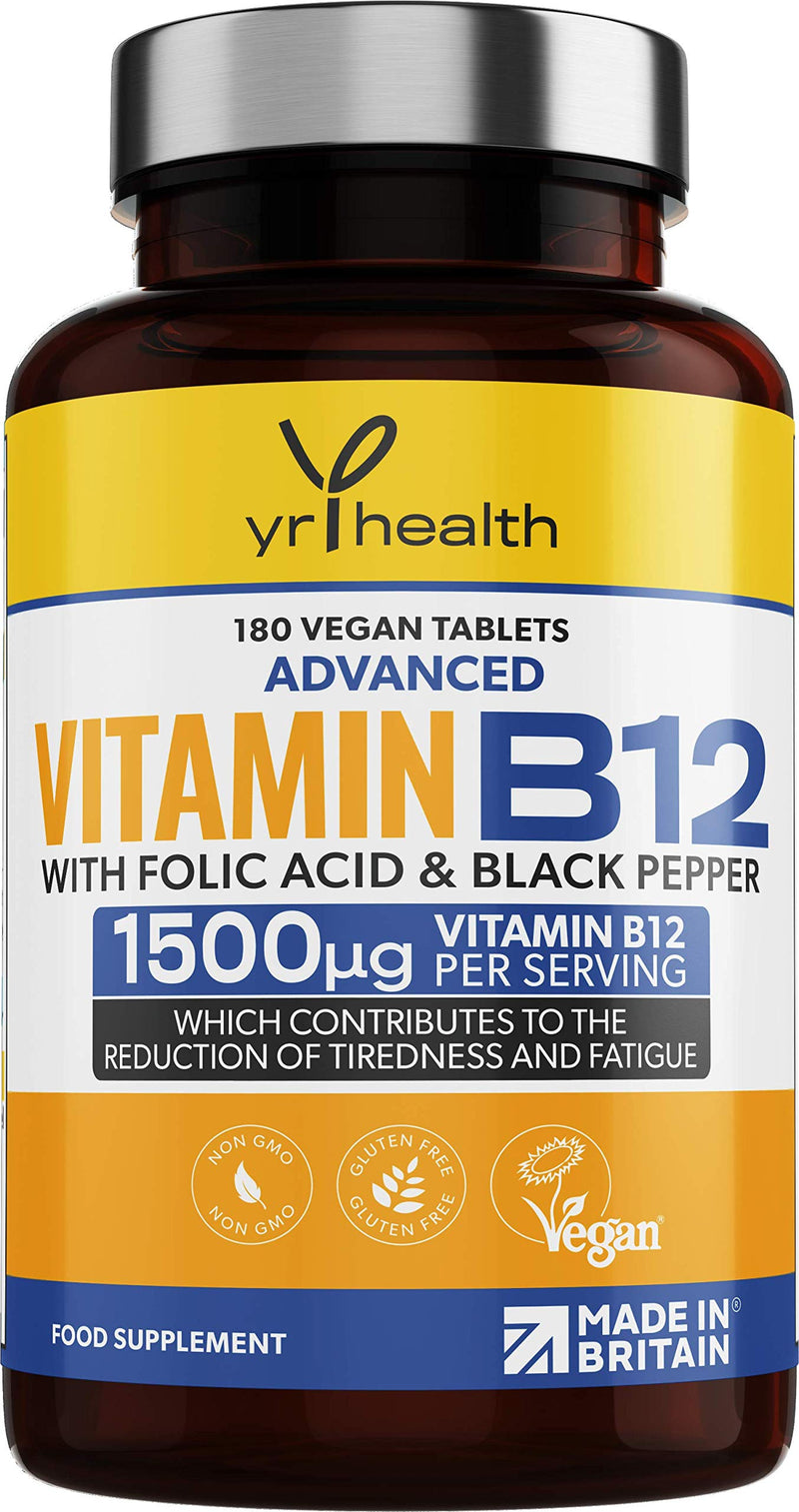 Vegan Vitamin B12 Tablets 1500mcg Methylcobalamin High Strength with Added Folic Acid & Black Pepper - 180 Tablets (6 Month Supply) - Reduction of Tiredness & Fatigue - Made in The UK by YrHealth - NewNest Australia
