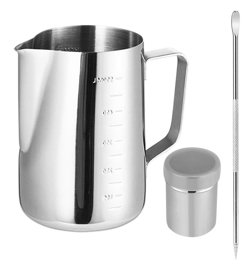 Milk Jug 600ml, Powder Shaker with Lid and Latte Art Pen Stainless Steel Milk Frothing Pitcher, for Hot Chocolate Cappuccino Coffee Latte Art Maker (600ML) - NewNest Australia