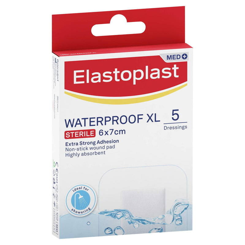 Elastoplast Waterproof XL Med+ Dressings (5 Pieces), Pack of First Aid Plasters, Large Plasters for Post-Operative Wounds, Waterproof Sterile Dressings for Wounds Clear - NewNest Australia