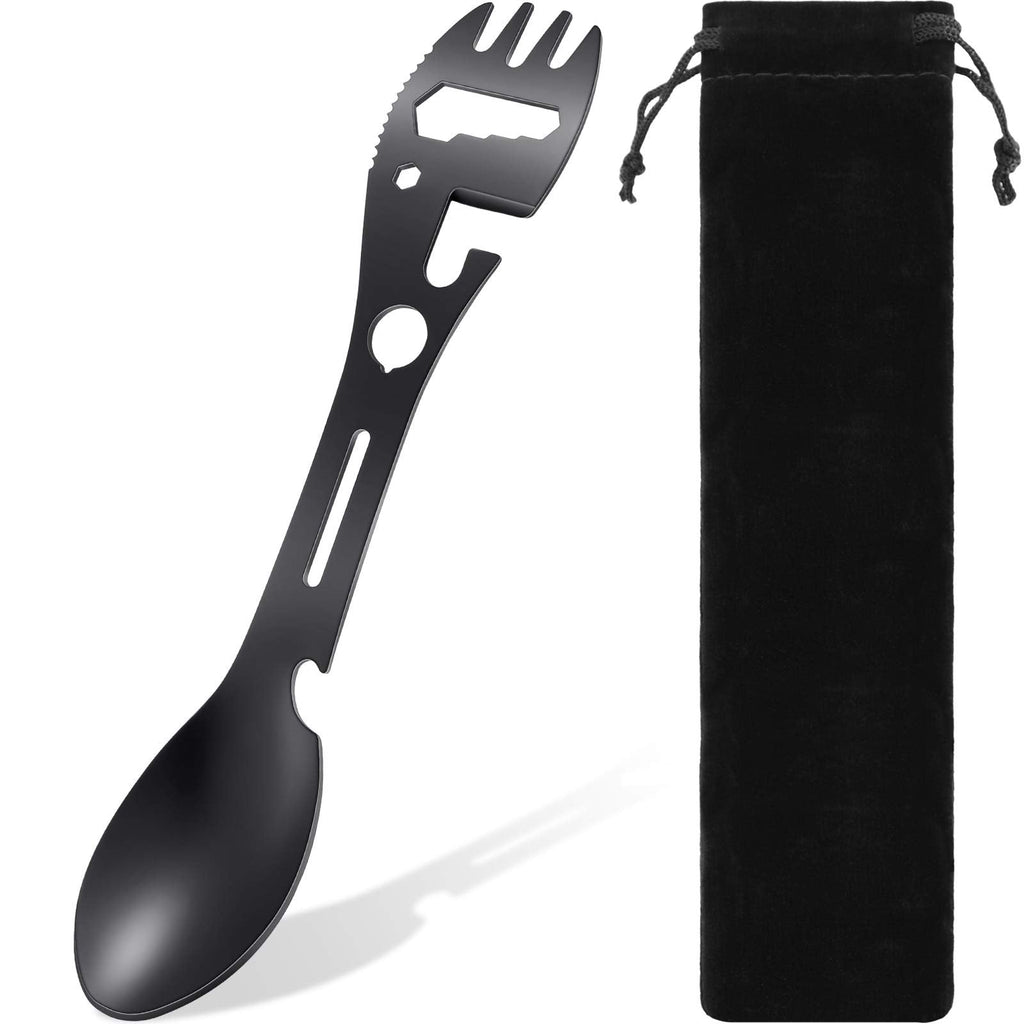 Utility Camping Spork Functional Spork Stainless Steel Spork Outdoor Spoon Fork Bottle Can Opener 10 Functions 1 Design for Travel Eating Tool Easy to Store Cloth Case (Black) Black - NewNest Australia