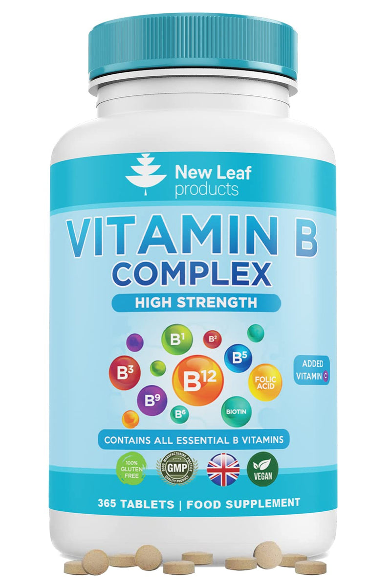 Vitamin B Complex 365 High Strength Small Tablets (One Year Supply) All 8 B Vitamins B1-B2-B3-B5-B6-B12, Biotin, Folic Acid and Vitamin C - Reduction of Tiredness - Made in The UK by New Leaf - NewNest Australia