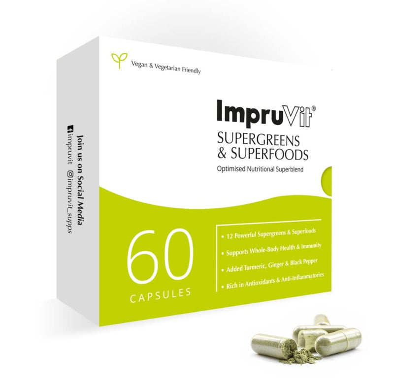 IMPRUVIT SUPERGREENS & SUPERFOOD CAPS 60 Vegan Capsules with Spirulina Turmeric Ginger Root Black Pepper Maca Root. Plant Based Antioxidant Anti-Inflammatory That Supports Whole Body Health & Immunity - NewNest Australia
