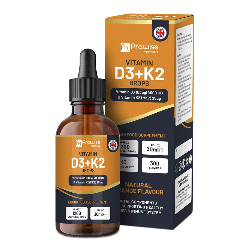 Vitamin D3 4000iu + K2 MK7 25µg I Orange Liquid Drops I High Strength 4000iu D3 + 25µg K2- 30ml Bottle I Fast Absorption I 1200 Vegetarian Drops - Made in UK by Prowise Healthcare - NewNest Australia