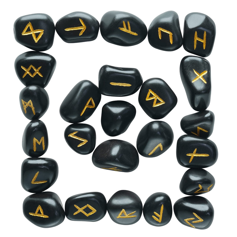 Crocon Black tourmaline tumble shape gemstone runes stones with Elder Futhark Alphabet Engraved 25 pcs runes set Crystal Divination Healing Chakra Reiki with a pouch Size : 15-20 mm - NewNest Australia